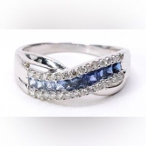 14K White Gold Ladies Ombre Sapphire & Diamond Crossover Ring